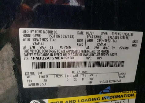 2021 Ford Expedition Limited из США, поврежденный, VIN 1FMJU2AT2MEA39139